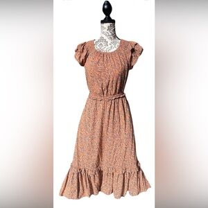 Universal Thread Boho Orange Praire Cottage Core Long Dress Blue Flowers Small